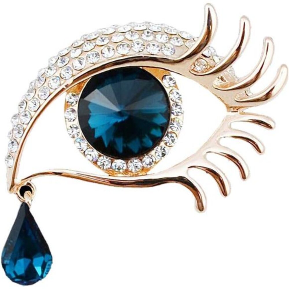 Angel Tears Brooch Pins, Elegant Rhinestone Sapphire Big Eyes Alloy Long